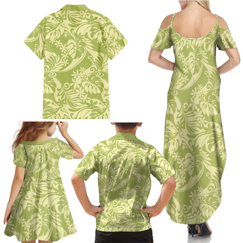 Tahiti Olive Tiare Floral Family Matching Summer Maxi Dress and Hawaiian Shirt Monstera Palm Tropical Leaves LT01 - Polynesian Pride