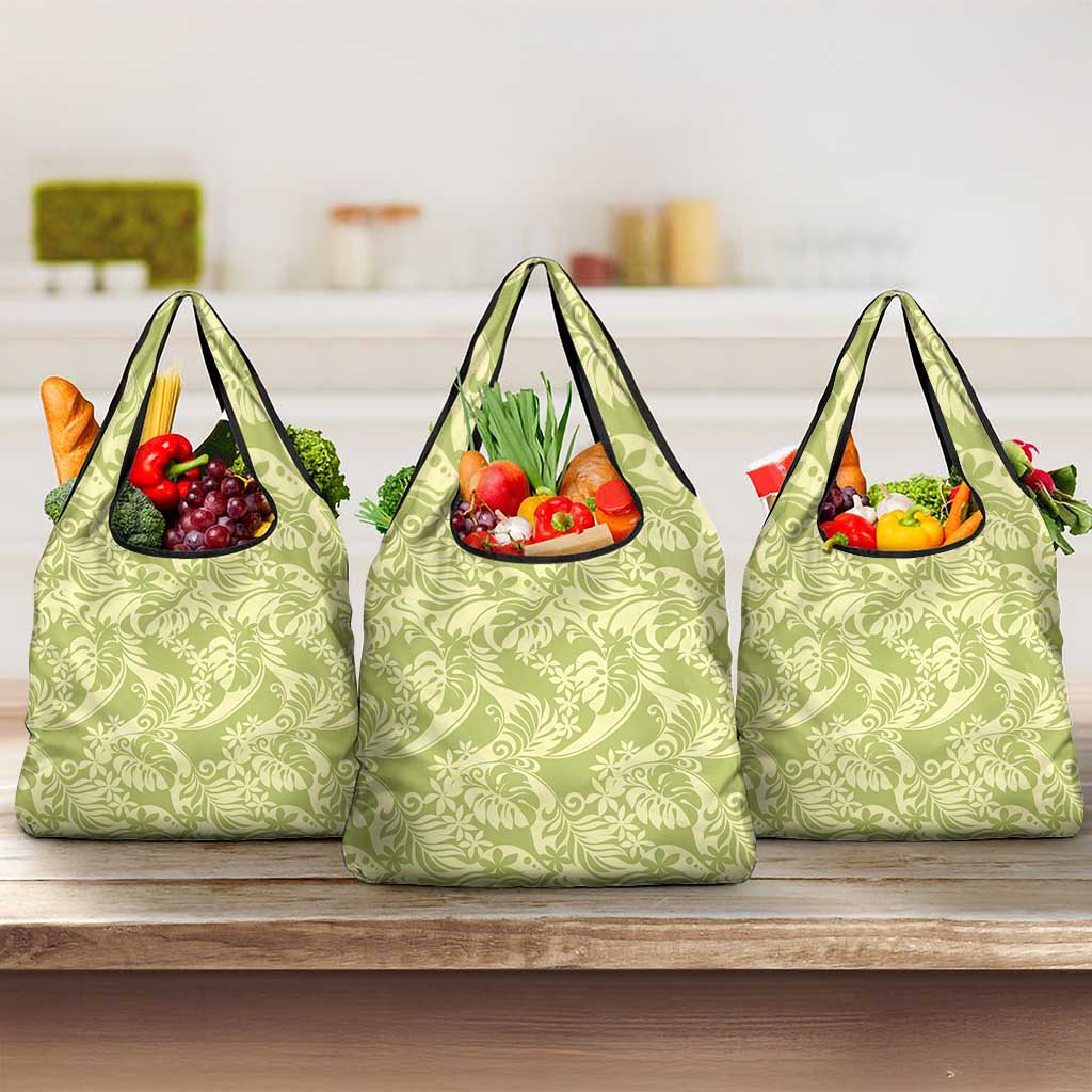 Tahiti Olive Tiare Floral Grocery Bag Monstera Palm Tropical Leaves - Polynesian Pride