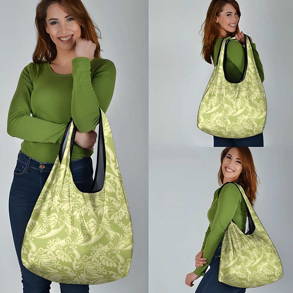 Tahiti Olive Tiare Floral Grocery Bag Monstera Palm Tropical Leaves - Polynesian Pride