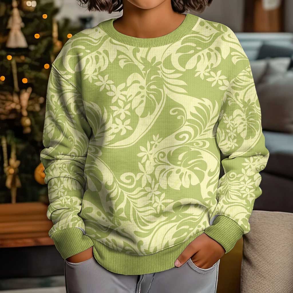 Tahiti Olive Tiare Floral Kid Ugly Christmas Sweater Monstera Palm Tropical Leaves LT01 - Polynesian Pride