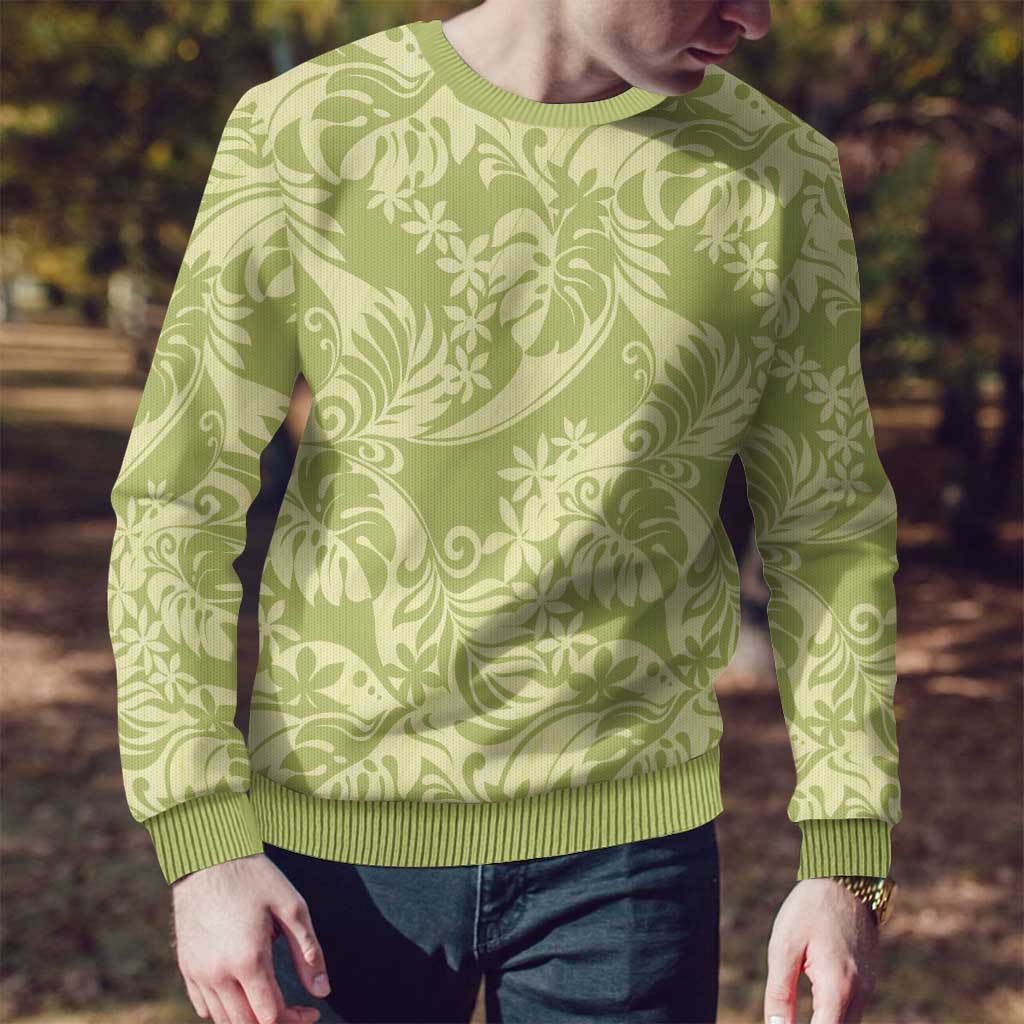 Tahiti Olive Tiare Floral Ugly Christmas Sweater Monstera Palm Tropical Leaves - Polynesian Pride