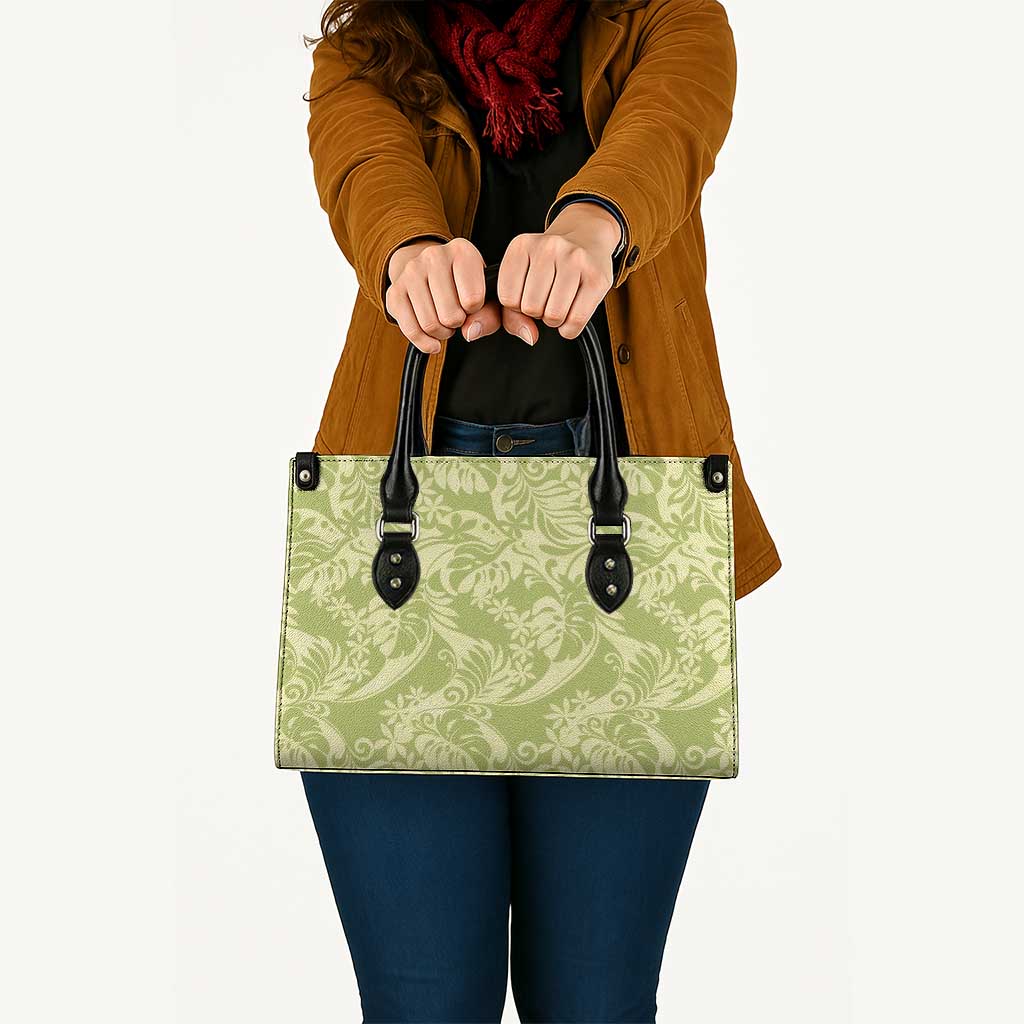 Tahiti Olive Tiare Floral Leather Bag Monstera Palm Tropical Leaves LT01 - Polynesian Pride