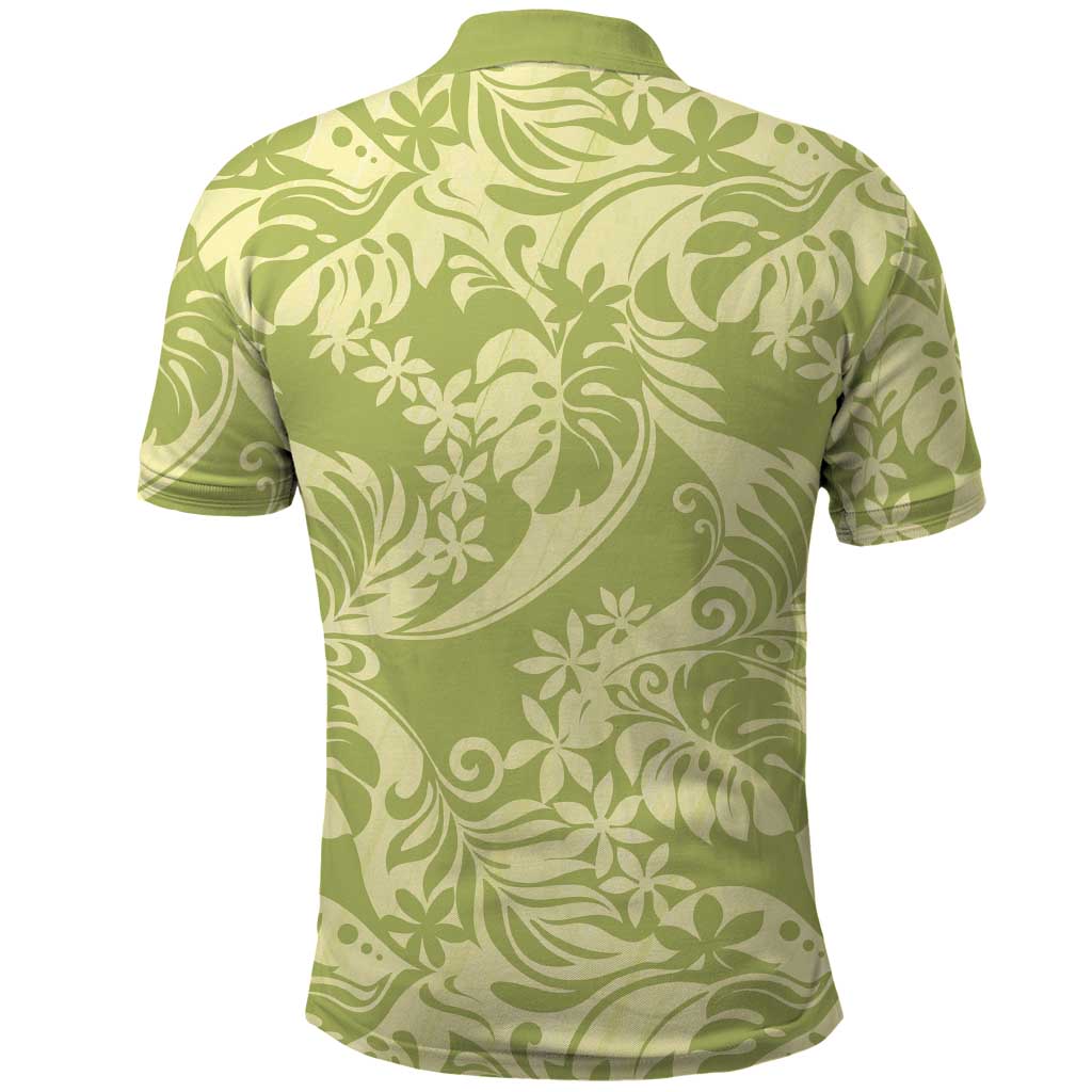 Tahiti Olive Tiare Floral Polo Shirt Monstera Palm Tropical Leaves - Polynesian Pride