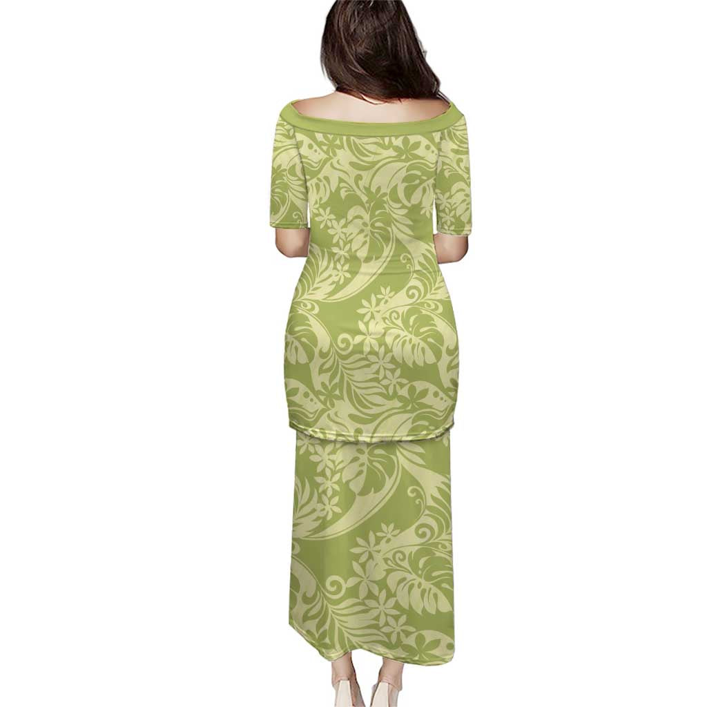 Tahiti Olive Tiare Floral Puletasi Monstera Palm Tropical Leaves LT01 - Polynesian Pride