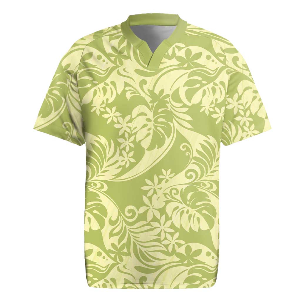 Tahiti Olive Tiare Floral Rugby Jersey Monstera Palm Tropical Leaves - Polynesian Pride