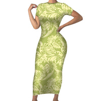 Tahiti Olive Tiare Floral Short Sleeve Bodycon Dress Monstera Palm Tropical Leaves LT01 Long Dress Olive - Polynesian Pride