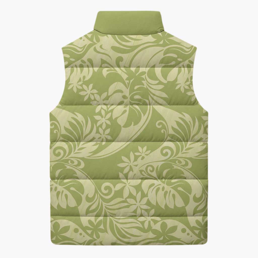 Tahiti Olive Tiare Floral Sleeveless Puffer Jacket Monstera Palm Tropical Leaves LT01 - Polynesian Pride