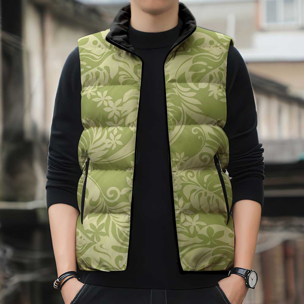 Tahiti Olive Tiare Floral Sleeveless Puffer Jacket Monstera Palm Tropical Leaves LT01 - Polynesian Pride
