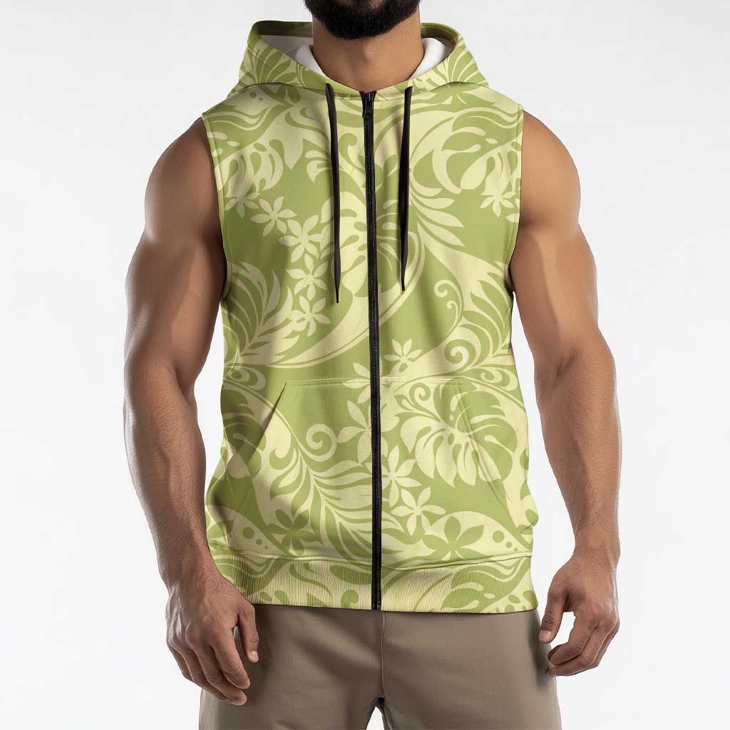 Tahiti Olive Tiare Floral Sleeveless Zip Hoodie Monstera Palm Tropical Leaves - Polynesian Pride