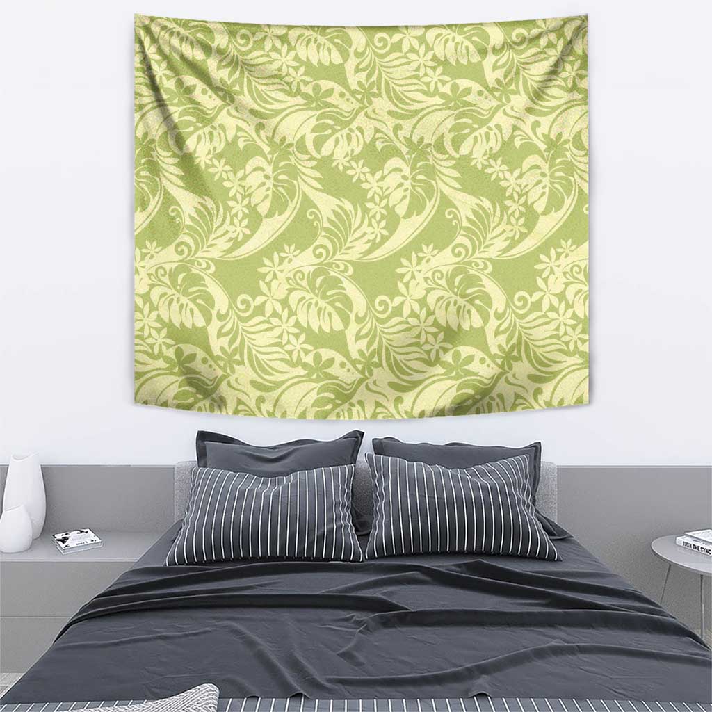 Tahiti Olive Tiare Floral Tapestry Monstera Palm Tropical Leaves - Polynesian Pride