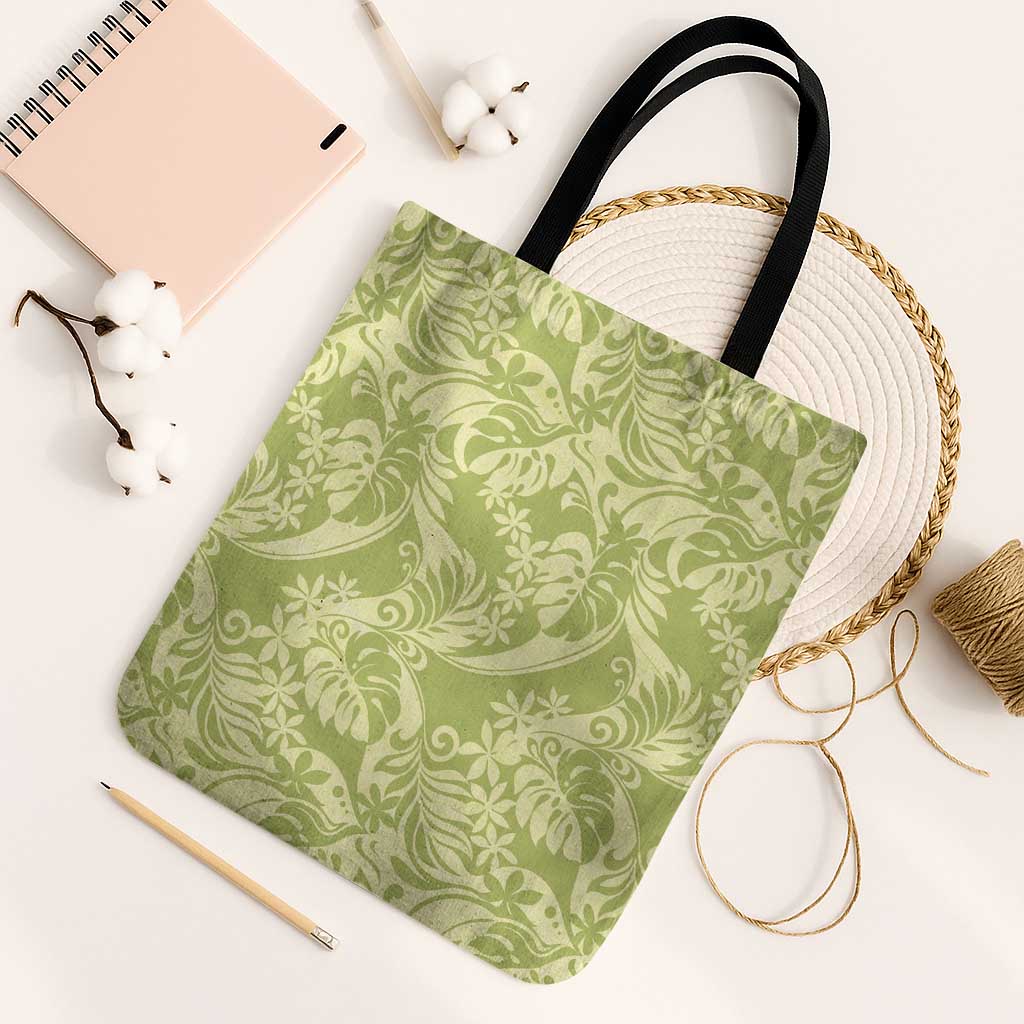 Tahiti Olive Tiare Floral Tote Bag Monstera Palm Tropical Leaves - Polynesian Pride