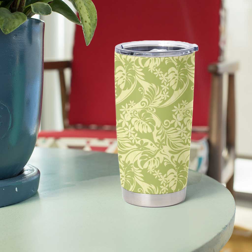 Tahiti Olive Tiare Floral Tumbler Cup Monstera Palm Tropical Leaves - Polynesian Pride