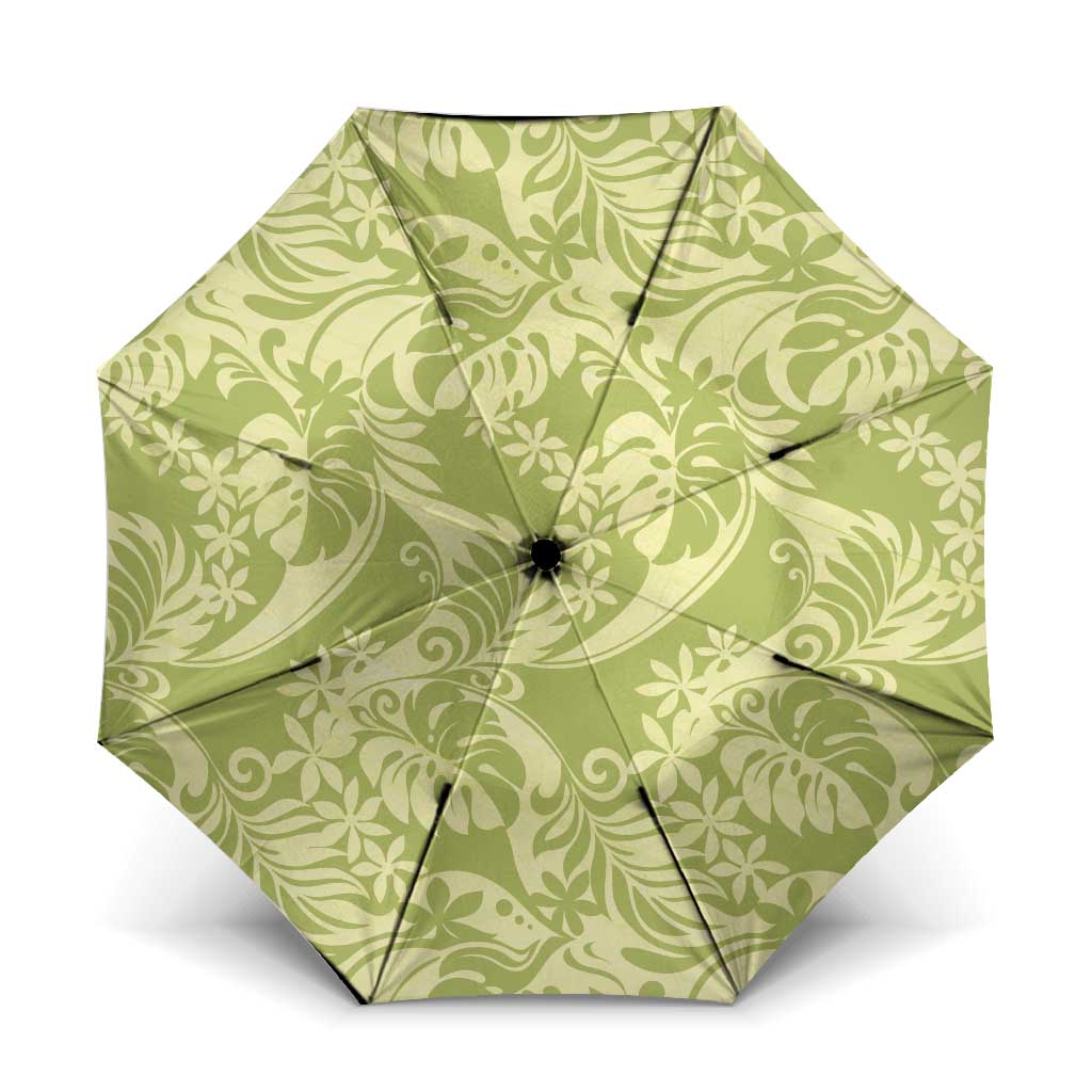 Tahiti Olive Tiare Floral Umbrella Monstera Palm Tropical Leaves LT01 One Size Folded 11.42 inch Opened Diameter 37.4 inch Olive - Polynesian Pride