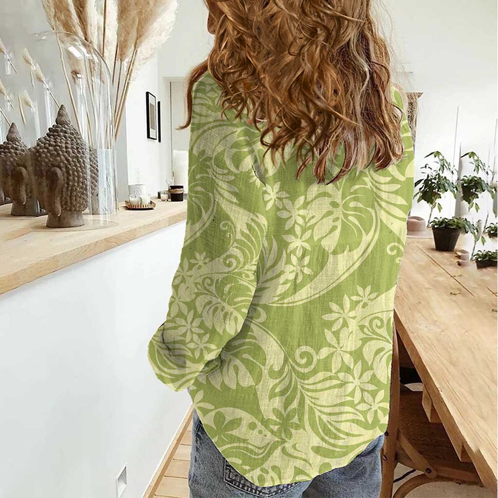 Tahiti Olive Tiare Floral Women Casual Shirt Monstera Palm Tropical Leaves - Polynesian Pride