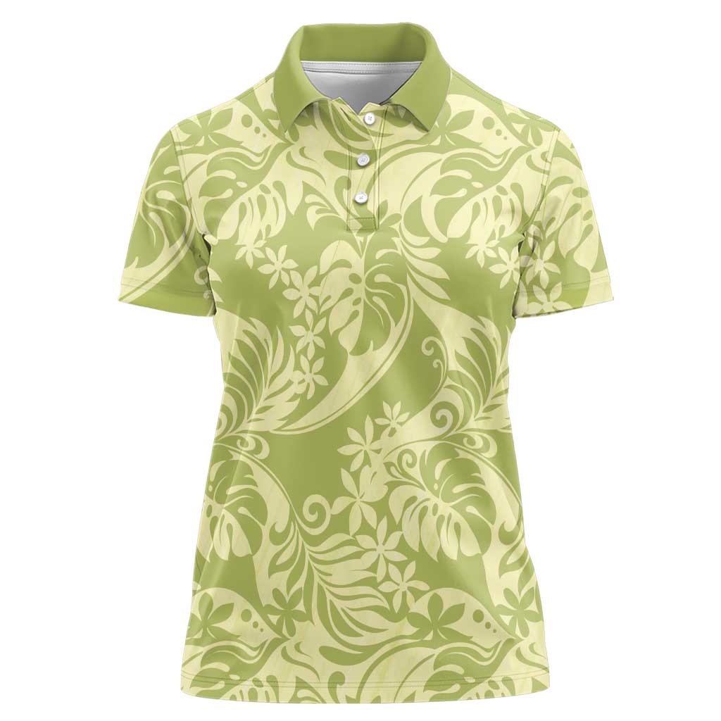 Tahiti Olive Tiare Floral Women Polo Shirt Monstera Palm Tropical Leaves - Polynesian Pride