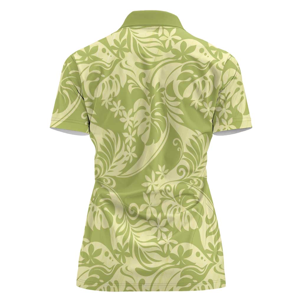 Tahiti Olive Tiare Floral Women Polo Shirt Monstera Palm Tropical Leaves - Polynesian Pride