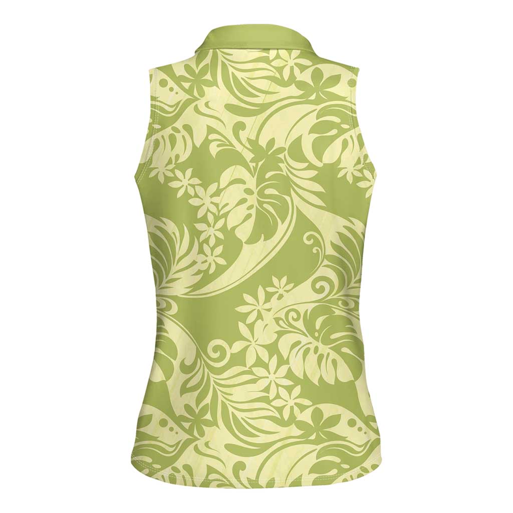 Tahiti Olive Tiare Floral Women Sleeveless Polo Shirt Monstera Palm Tropical Leaves LT01 - Polynesian Pride