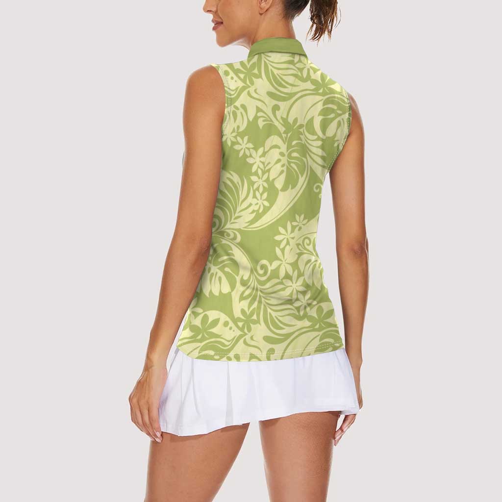 Tahiti Olive Tiare Floral Women Sleeveless Polo Shirt Monstera Palm Tropical Leaves LT01 - Polynesian Pride
