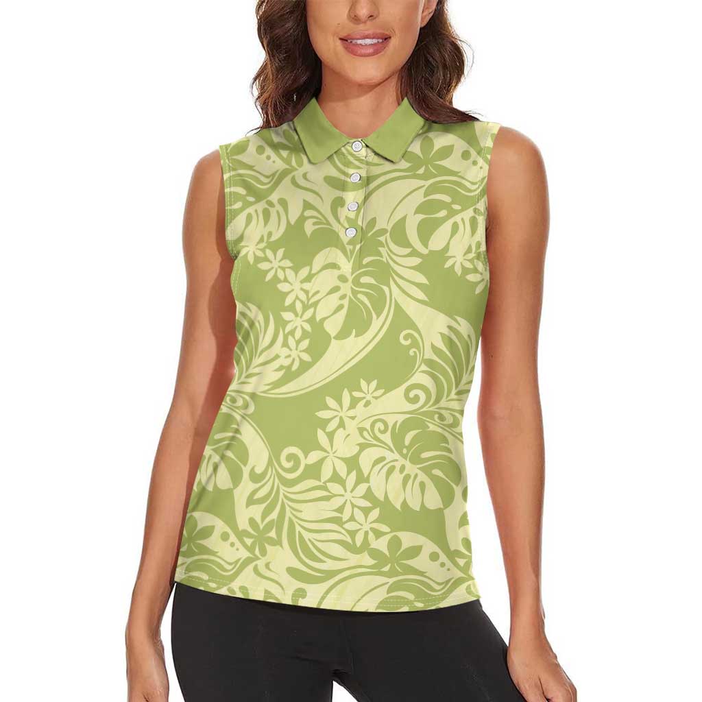 Tahiti Olive Tiare Floral Women Sleeveless Polo Shirt Monstera Palm Tropical Leaves LT01 - Polynesian Pride