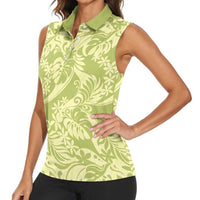 Tahiti Olive Tiare Floral Women Sleeveless Polo Shirt Monstera Palm Tropical Leaves LT01 - Polynesian Pride
