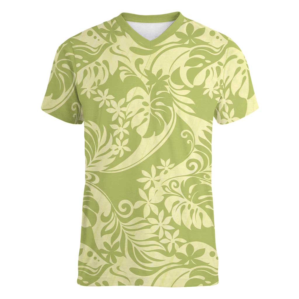 Tahiti Olive Tiare Floral Women V-Neck T-Shirt Monstera Palm Tropical Leaves - Polynesian Pride