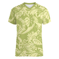Tahiti Olive Tiare Floral Women V-Neck T-Shirt Monstera Palm Tropical Leaves - Polynesian Pride