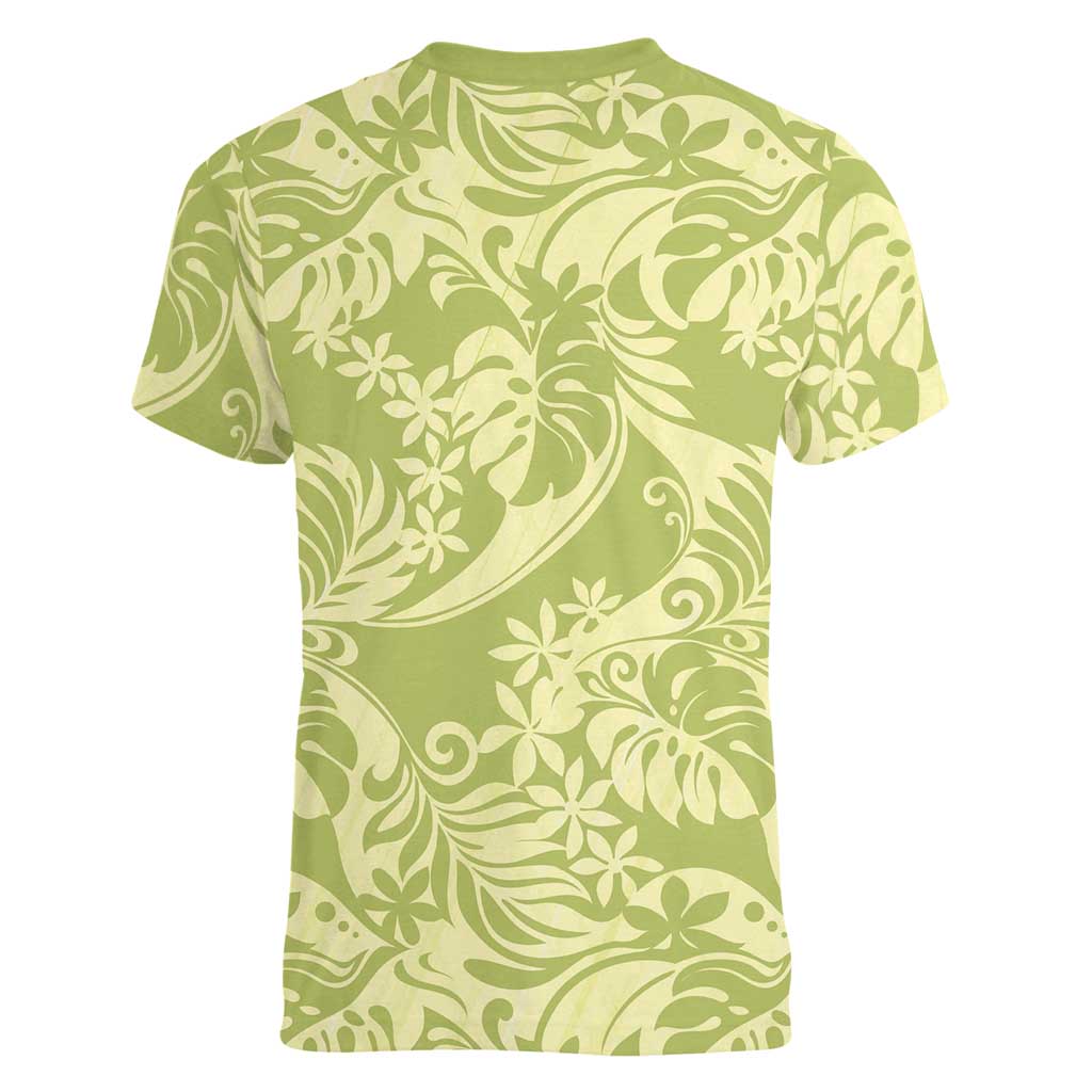 Tahiti Olive Tiare Floral Women V-Neck T-Shirt Monstera Palm Tropical Leaves - Polynesian Pride