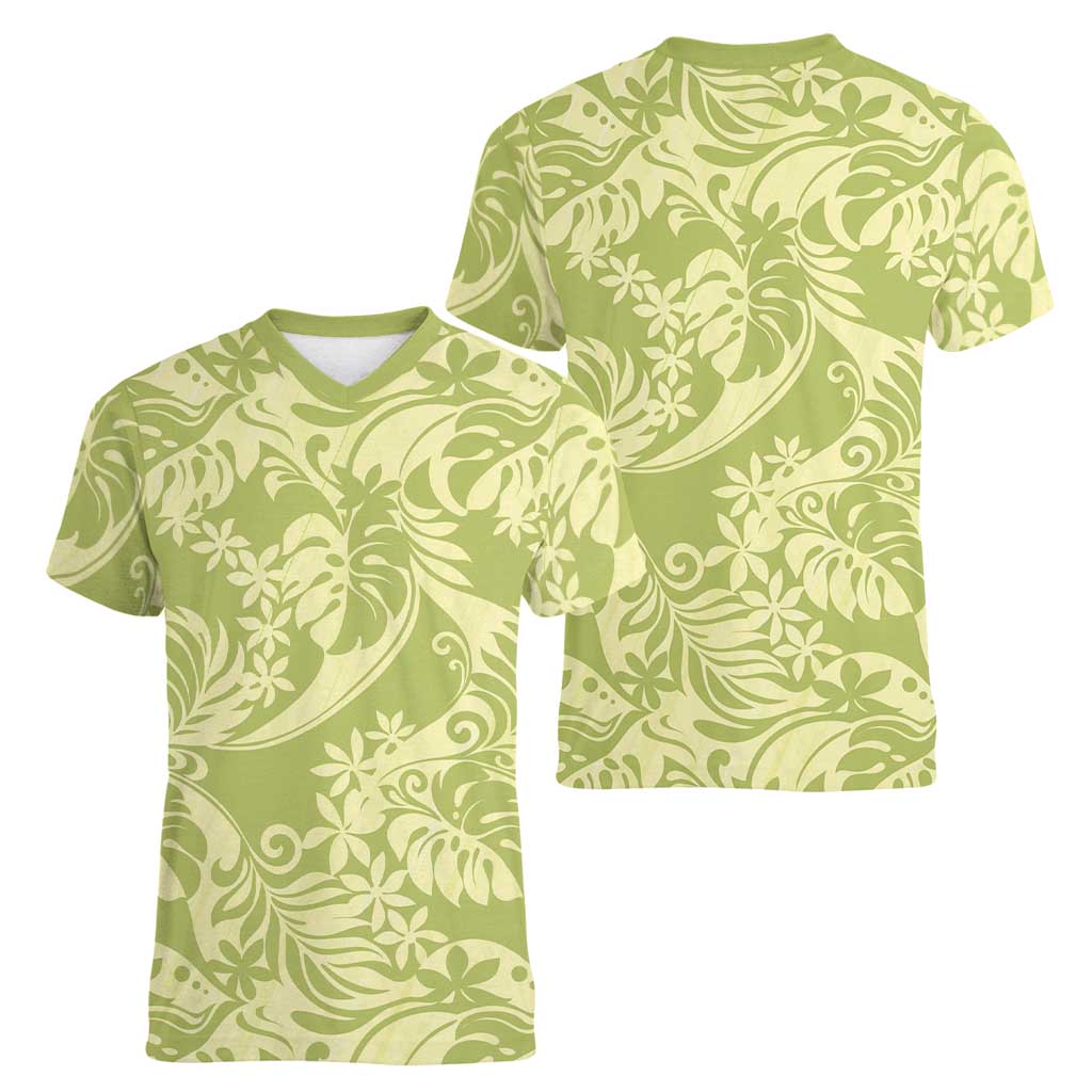 Tahiti Olive Tiare Floral Women V-Neck T-Shirt Monstera Palm Tropical Leaves - Polynesian Pride