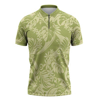 Tahiti Olive Tiare Floral Zipper Polo Shirt Monstera Palm Tropical Leaves - Polynesian Pride