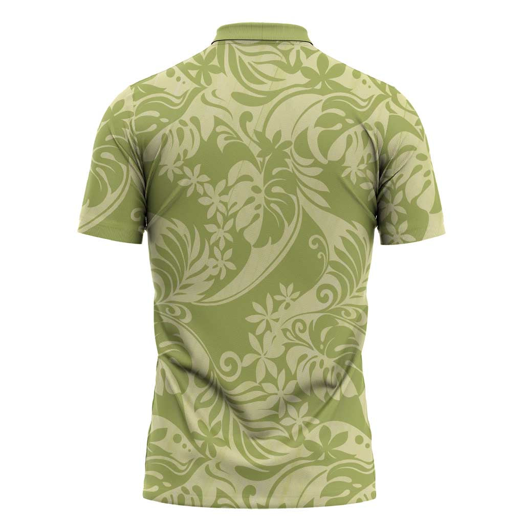 Tahiti Olive Tiare Floral Zipper Polo Shirt Monstera Palm Tropical Leaves - Polynesian Pride