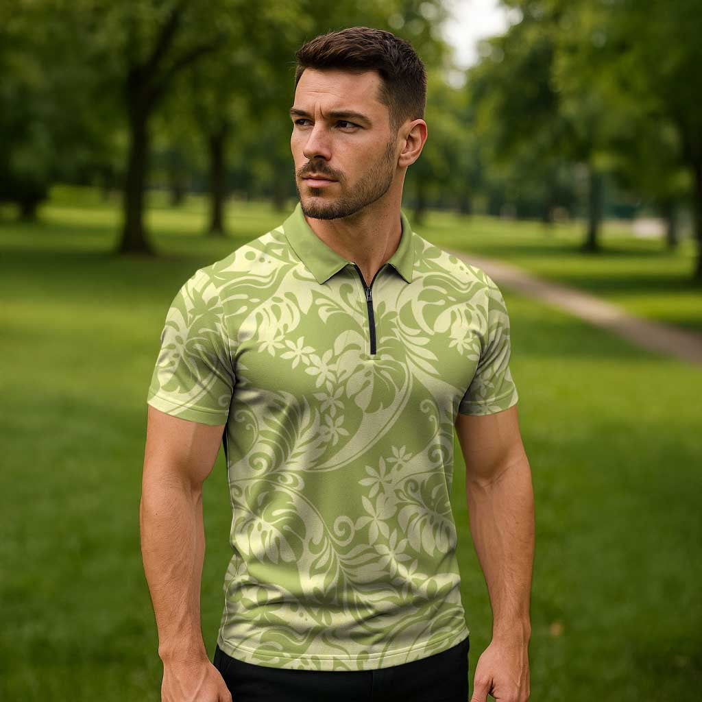 Tahiti Olive Tiare Floral Zipper Polo Shirt Monstera Palm Tropical Leaves - Polynesian Pride