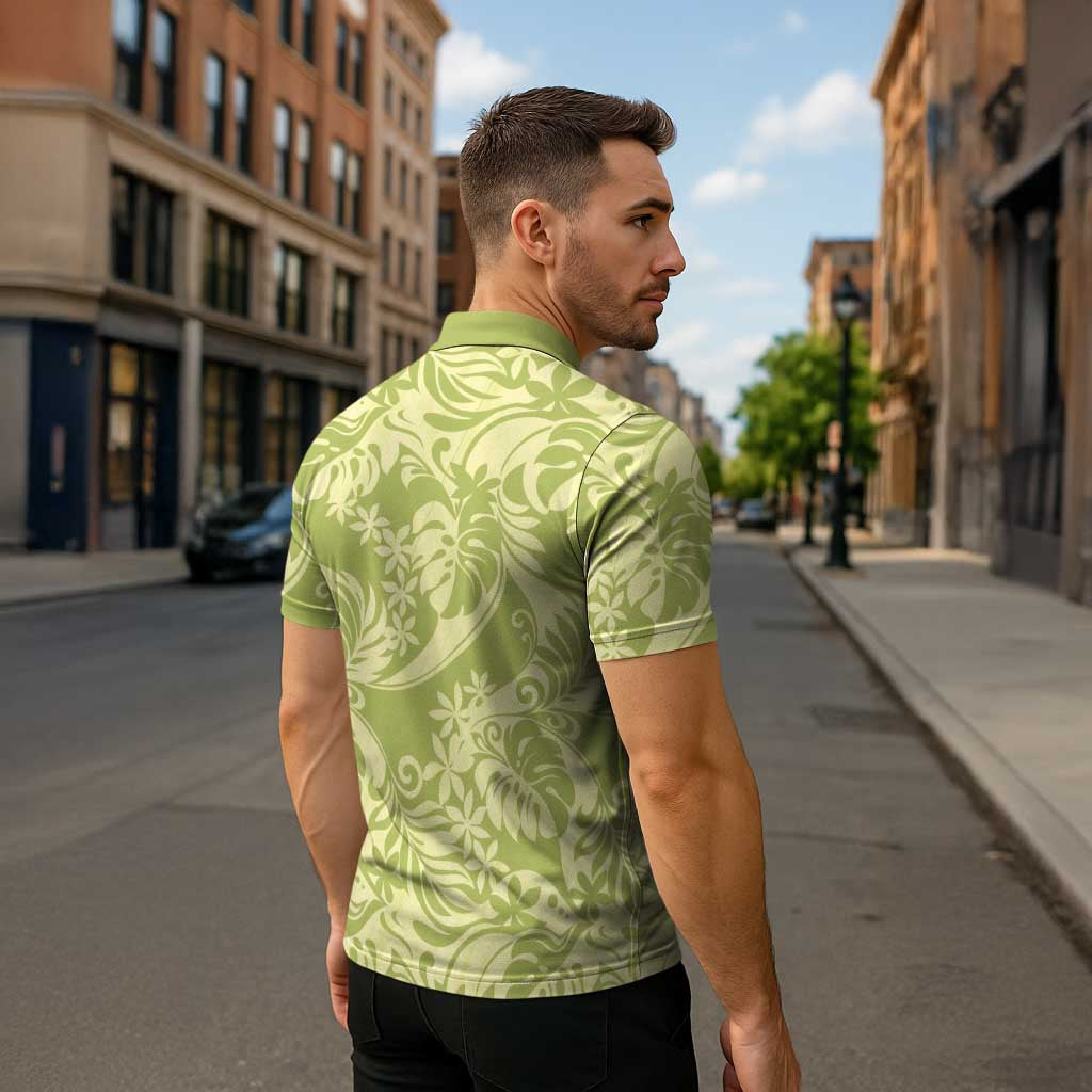 Tahiti Olive Tiare Floral Zipper Polo Shirt Monstera Palm Tropical Leaves - Polynesian Pride