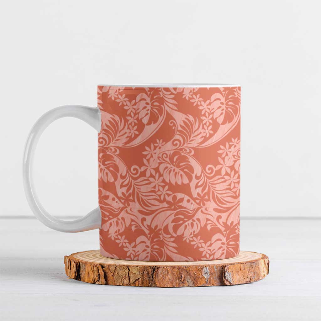 Tahiti Puatou Tiare Floral Ceramic Mug Monstera Palm Tropical Leaves LT01 Orange - Polynesian Pride