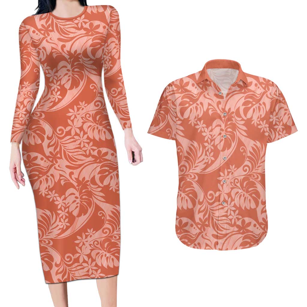 Tahiti Puatou Tiare Floral Couples Matching Long Sleeve Bodycon Dress and Hawaiian Shirt Monstera Palm Tropical Leaves - Polynesian Pride