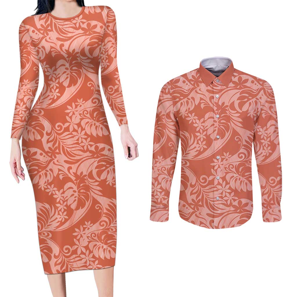Tahiti Puatou Tiare Floral Couples Matching Long Sleeve Bodycon Dress and Long Sleeve Button Shirt Monstera Palm Tropical Leaves LT01 Orange - Polynesian Pride