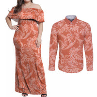 Tahiti Puatou Tiare Floral Couples Matching Off Shoulder Maxi Dress and Long Sleeve Button Shirt Monstera Palm Tropical Leaves LT01 Orange - Polynesian Pride