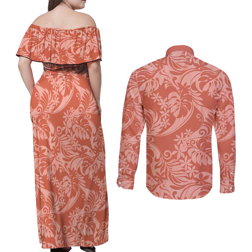 Tahiti Puatou Tiare Floral Couples Matching Off Shoulder Maxi Dress and Long Sleeve Button Shirt Monstera Palm Tropical Leaves LT01 - Polynesian Pride