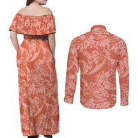 Tahiti Puatou Tiare Floral Couples Matching Off Shoulder Maxi Dress and Long Sleeve Button Shirt Monstera Palm Tropical Leaves LT01 - Polynesian Pride