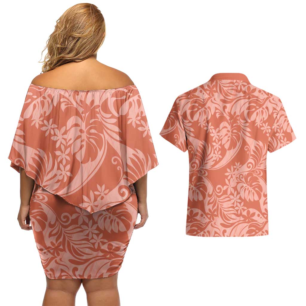 Tahiti Puatou Tiare Floral Couples Matching Off Shoulder Short Dress and Hawaiian Shirt Monstera Palm Tropical Leaves LT01 - Polynesian Pride