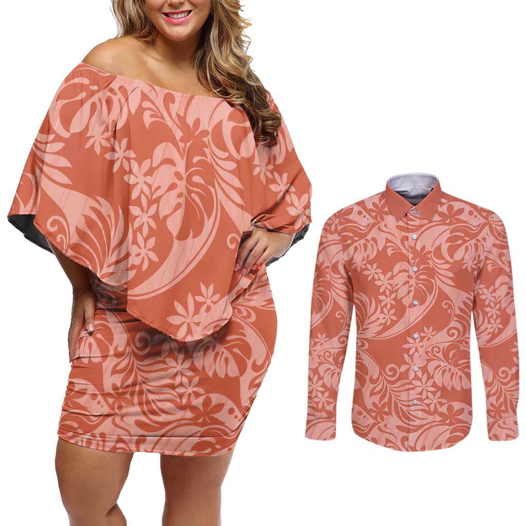 Tahiti Puatou Tiare Floral Couples Matching Off Shoulder Short Dress and Long Sleeve Button Shirt Monstera Palm Tropical Leaves LT01 Orange - Polynesian Pride