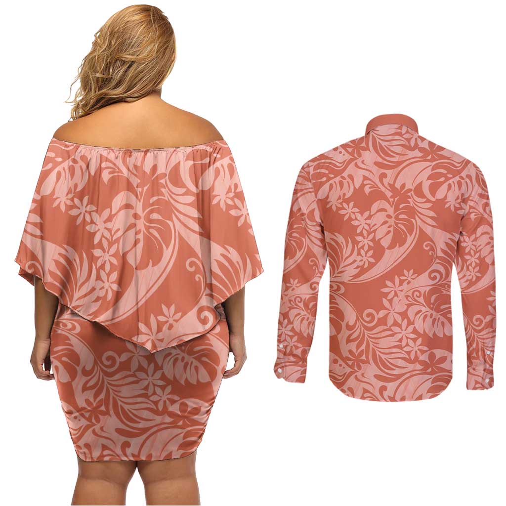Tahiti Puatou Tiare Floral Couples Matching Off Shoulder Short Dress and Long Sleeve Button Shirt Monstera Palm Tropical Leaves LT01 - Polynesian Pride