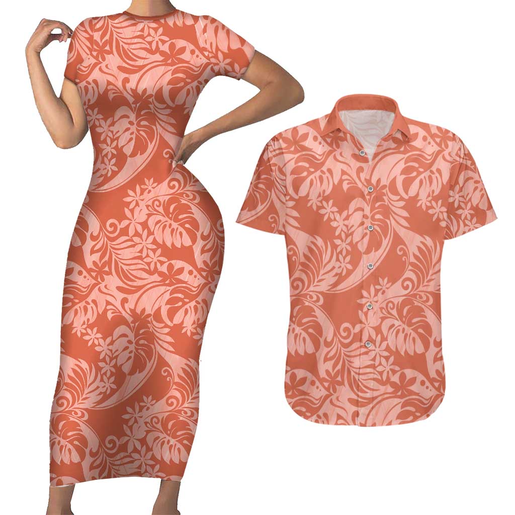 Tahiti Puatou Tiare Floral Couples Matching Short Sleeve Bodycon Dress and Hawaiian Shirt Monstera Palm Tropical Leaves LT01 Orange - Polynesian Pride
