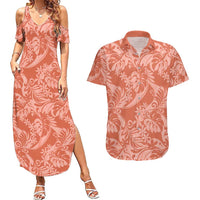 Tahiti Puatou Tiare Floral Couples Matching Summer Maxi Dress and Hawaiian Shirt Monstera Palm Tropical Leaves LT01 Orange - Polynesian Pride