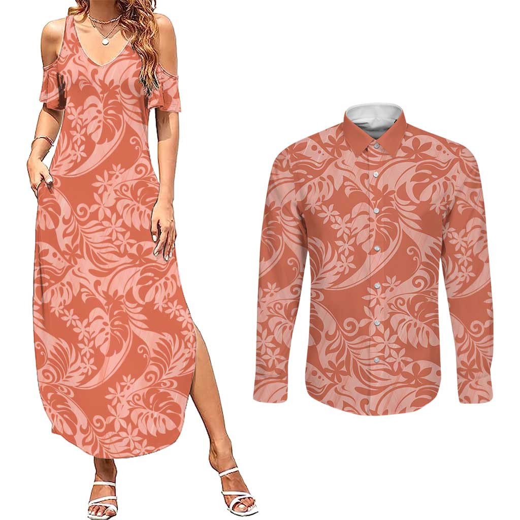 Tahiti Puatou Tiare Floral Couples Matching Summer Maxi Dress and Long Sleeve Button Shirt Monstera Palm Tropical Leaves - Polynesian Pride
