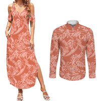 Tahiti Puatou Tiare Floral Couples Matching Summer Maxi Dress and Long Sleeve Button Shirt Monstera Palm Tropical Leaves LT01 Orange - Polynesian Pride