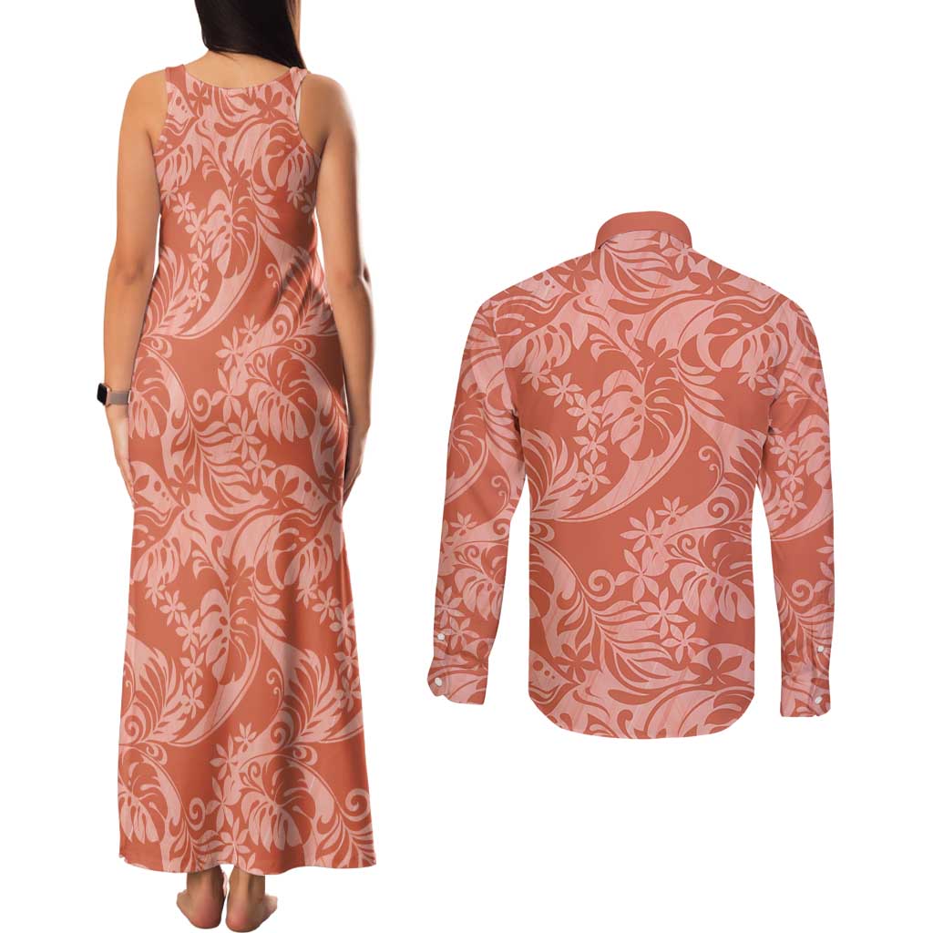 Tahiti Puatou Tiare Floral Couples Matching Tank Maxi Dress and Long Sleeve Button Shirt Monstera Palm Tropical Leaves LT01 - Polynesian Pride
