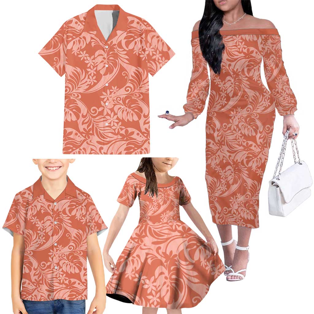 Tahiti Puatou Tiare Floral Family Matching Off The Shoulder Long Sleeve Dress and Hawaiian Shirt Monstera Palm Tropical Leaves LT01 - Polynesian Pride