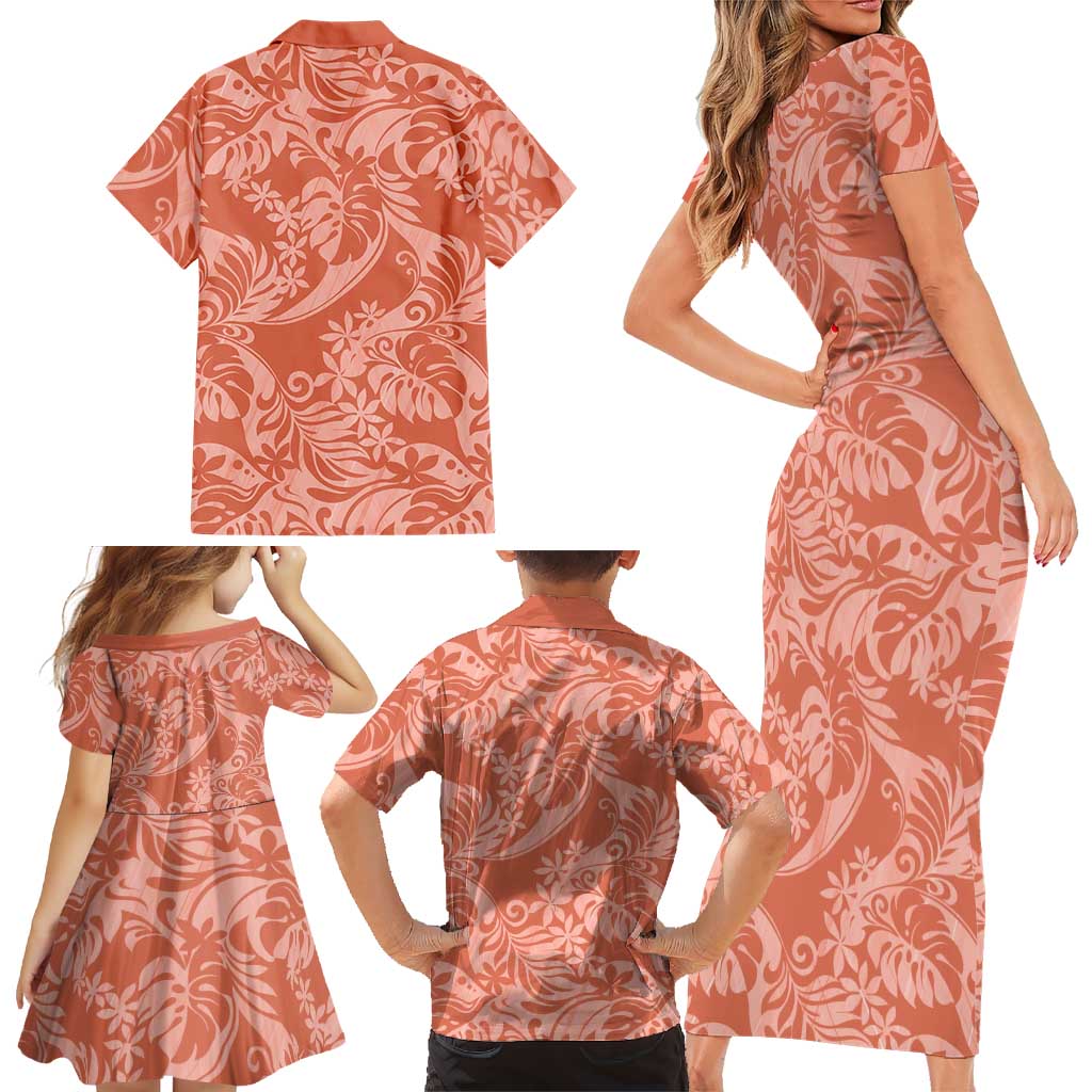 Tahiti Puatou Tiare Floral Family Matching Short Sleeve Bodycon Dress and Hawaiian Shirt Monstera Palm Tropical Leaves LT01 - Polynesian Pride