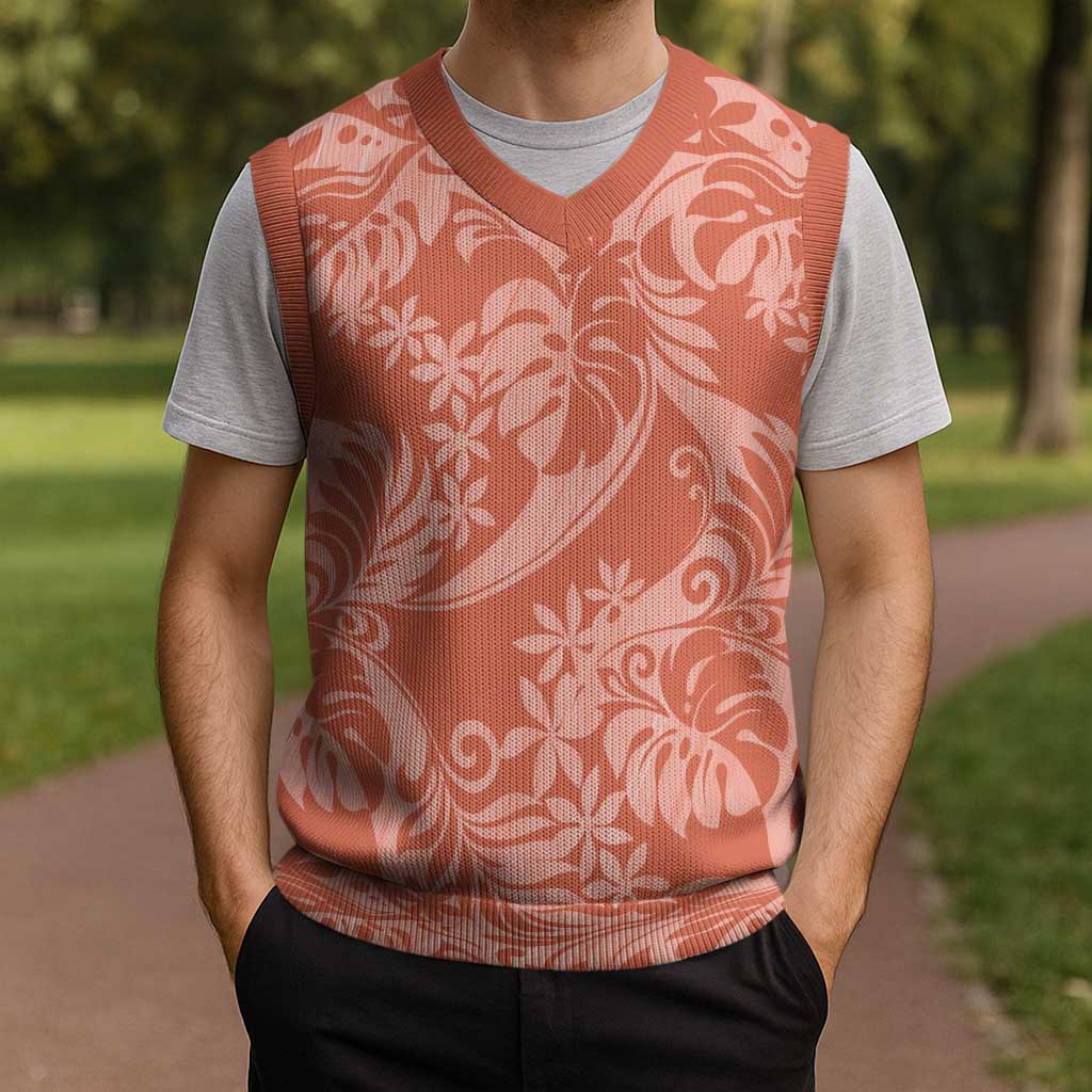 Tahiti Puatou Tiare Floral Christmas Knitted V-Neck Vest Monstera Palm Tropical Leaves - Polynesian Pride