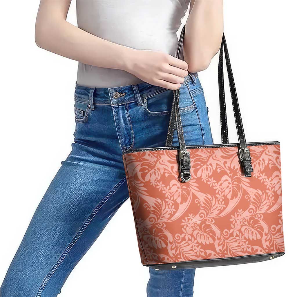 Tahiti Puatou Tiare Floral Leather Tote Bag Monstera Palm Tropical Leaves - Polynesian Pride